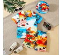Set da 3 pezzi di camicia a maniche corte, pantaloncini e cappello con stampa, stile vacanziero per ragazzi, di design alla moda e minimalista, nuovi arrivi estate 2025 6Y,4Y,5Y,12-18M,18-24M,2-3YAnim