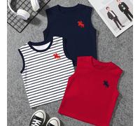 Set da 3 pezzi di canotte per ragazzi con scollo rotondo, rosso, blu reale a righe e blu navy, stampa cavaliere, stile casual sportivo da corsa streetwear accademia, adatto per primavera estate autunn