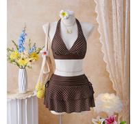 Set da 3 pezzi di costume da bagno da donna 26SS con top bikini a triangolo con collo all'americana a pois marroni e bianchi e gonna coordinata, abbigliamento da spiaggia per vacanze, resort e feste i