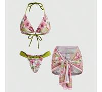 Set da 3 pezzi di costumi da bagno 2026, sexy e alla moda, decorato con pendente a forma di cavalluccio marino e gonna in rete, bikini con stampa casuale, adatto per vacanze estive in spiaggia e feste