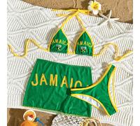 Set da 3 pezzi di costumi da bagno estivi da donna - Top bikini, slip e gonna, giallo-verde, con stampa lettera Jamaica, grande logo, sexy per le vacanze L,M,S,XSLettere,BandieraTessuto