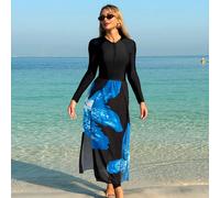 Set da 3 pezzi di costumi da bagno per il Medio Oriente 2024: camicia a maniche lunghe, pantaloni lunghi e gonna avvolgente con fiore di loto, costumi da bagno modesti tipo burkini adatti per le regio