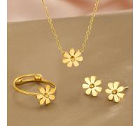 Set da 3 pezzi di elegante collana, orecchini e anello con decorazione floreale in acciaio inossidabile dorato, adatto per uso quotidiano per ragazze, può anche essere un regalo di Natale Tagli UnicaP