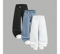 Set da 3 pezzi di jeans crop con vita elastica, asimmetrici, con orlo grezzo e tasche piatte, per ragazze giovani, casual e bohémien, articoli per look quotidiani 6Y,7Y,4Y,5YColore unicoDenim