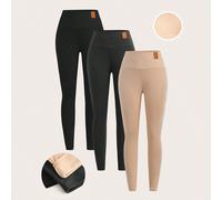 Set da 3 pezzi di leggings termici imbottiti neri, grigi e color albicocca per ragazze pre-adolescenti, per autunno/inverno, combo di base per un look casual e caldo 8Y,9Y,10Y,11Y,12YColore unicoTessu