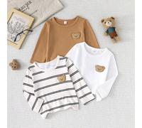 Set da 3 pezzi di Maglietta a maniche lunghe con collo tondo, stile casual e minimalista, con ricamo di orso, a righe, per bambini, più 2 Maglietta a tinta unita, per primavera e autunno 6-9M,9-12M,12
