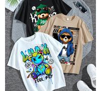 Set da 3 pezzi di magliette a maniche corte, girocollo, con grafica di coniglio, vestibilità ampia e stile vintage, per ragazzi adolescenti, colori: bianco/nero/cachi, in misto cotone, adatte per l'es