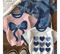 Set da 3 pezzi di magliette basic a maniche corte con scollo tondo, con stampe carine di fiocchi, cuori e stelle, adatte per ragazze giovani, stile accademico, stile retrò americano, versatili e alla 