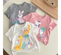 Set da 3 pezzi di magliette casual con stampe di animali per bambina, adatte per l'estate, scollo tondo e maniche corte 6-9M,9-12M,12-18M,18-24M,2-3YAnimale,Fumetto,Geometrico,PianteTessuto in maglia