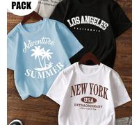 Set da 3 pezzi di magliette estive per ragazze con stampe, collo tondo, maniche corte, adatte per studenti e bambini, con semplici lettere inglesi di design alla moda che portano gioia e felicità a og