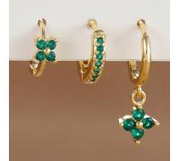 Set da 3 pezzi di orecchini a fiore a quattro petali in zirconia per un solo orecchio, stile da donna, placcati in oro 18K, ipoallergenici, orecchini a cerchio e a perno per cartilagine dell'orecchio,