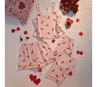 Set da 3 pezzi di pigiama da donna, composto da canotta con stampa a cuori e righe, pantaloncini e pantaloni, comodo e romantico, adatto per la primavera e l'estate L,M,S,XLProdotti alimentari e bevan