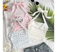 Set da 3 pezzi di tank top in maglia di per ragazze adolescenti, eleganti per le vacanze, con decorazione a fiocco, fantasia floreale bianca e blu, effetto smock, forma aderente e corta 8Y,9Y,10Y,11Y,