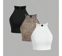 Set da 3 pezzi di top attillati da donna con collo a lupetto e stampa leopardata, di taglia grande, adatti per l'estate 0XL,1XL,2XL,3XL,4XL,5XLLeopardo,A strisce,Motivo strutturatoTessuto in maglia