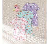 Set da 3 pezzi di tutine a maniche corte per neonata e bambina, con stampe casuali e divertenti di farfalle, unicorni e ciambelle, in tessuto morbido e comodo, adatte per l'estate come pigiama o abbig