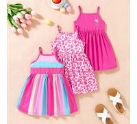Set da 3 pezzi di vestiti per bambina, composto da: abito a canotta, abito in maglia leopardata senza maniche, adatto per vacanze estive e feste. Colletto rotondo casual, con stampe leopardate, florea