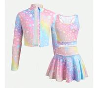 Set da 3 pezzi in maglia con stampa arcobaleno e stelle per ragazze pre-adolescenti: top a maniche lunghe con collo semi-alto e cerniera, canotta con ritaglio sulla schiena e minigonna-pantaloncino, r