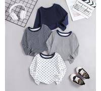 Set da 3 pezzi maglietta a maniche lunghe per bambino con icona KHorse, blu navy e bianca a righe, morbida 6-9M,9-12M,12-18M,18-24M,2-3YGeometricoTessuto