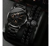 Set da 3 pezzi Orologio al quarzo con cinturino in acciaio alla moda e versatile per uomo, abbinato a un braccialetto con perline a forma di corona di leone, adatto per affari, riunioni e uso quotidia