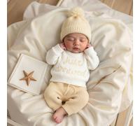Set da 3 pezzi Outfit per annuncio di nascita in ospedale per neonato, bianco, autunnale, con grafica divertente, coordinato per la famiglia, 1-3 mesi, maglietta in maglia, pantaloni, cappello, access