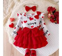 Set da 3 pezzi per bambina con maglietta a maniche corte con stampa a cuori e lettere d'amore, e gonna con vita elastica a più strati con fiocco decorativo 6-9M,9-12M,12-18M,18-24M,2-3YGeometrico,Cuor