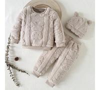 Set da 3 pezzi per bambini e bambine, unisex, composto da: 1) Felpa girocollo in pile con motivo orsetto 3D, 2) Pantaloni in pile, 3) Cappello con orecchie 3D. Un set molto carino e confortevole, adat