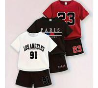 Set da 3 pezzi per bambino: occhiali da sole divertenti con stampe di orsetto, sagoma di auto, corona e slogan, t-shirt a maniche corte e pantaloncini basic 6-9M,9-12M,12-18M,18-24M,2-3YLettereTessuto