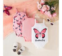 Set da 3 pezzi per neonata, body senza maniche e canottiera con stampa farfalla, comodi e traspiranti per l'uso quotidiano in estate 6-9M,9-12M,12-18M,18-24M,1-3M,3-6MFarfallaMaglia a coste