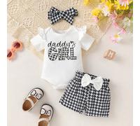 Set da 3 pezzi per neonata e bambina: body casual e comodo con scritta "Daddy's Little Princess" e maniche a volant, pantaloncini con decorazione farfalla e motivo pied-de-poule, fascia per capelli, a