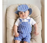 Set da 3 pezzi per neonato maschio stile gentleman, body con colletto polo bianco e bottoni a pressione, pantaloni con taschino a righe e cappellino a secchiello, abbigliamento estivo per bambini e ne