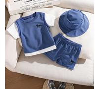 Set da 3 pezzi per neonato/neonato maschio: maglietta a maniche corte in tessuto a nido d'ape 2 in 1, pantaloncini e cappello, stile elegante adatto per casual all'aperto, scuola, vacanze, tempo liber