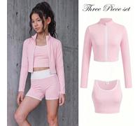 Set da 3 pezzi per ragazza pre-adolescente, maglietta a maniche lunghe in maglia con colletto alto e chiusura lampo, gilet e leggings da ciclismo, colore rosa a blocchi di colore e bianco tinta unita,