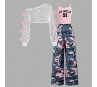 Set da 3 pezzi per ragazze adolescenti: canotta con stampa di lettere, pantaloni cargo con stampa mimetica e maglietta asimmetrica con decorazione a fiocco e dettagli traforati 14Y,12Y,13Y,16Y,15Ystam