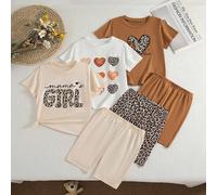 Set da 3 pezzi per ragazze, composto da maglietta a maniche corte aderente con scollo tondo e stampa a cuori e stampa leopardata, e pantaloncini casual, outfit alla moda e carino per mix & match 6Y,7Y