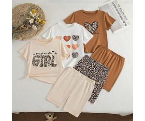 Set da 3 pezzi per ragazze, composto da maglietta a maniche corte aderente con scollo tondo e stampa a cuori e stampa leopardata, e pantaloncini casual, outfit alla moda e carino per mix & match 6Y,7Y