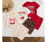 Set da 3 pezzi per ragazze composto da maglietta a maniche corte con collo tondo e stampa a cuori e leopardo, e pantaloncini abbinati, casual e alla moda 6Y,7Y,4Y,5YAnimale,Fumetto,LetterePoliestere,T
