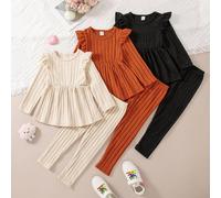 Set da 3 pezzi per ragazze giovani, composto da felpa con colletto alla Peter Pan e pantaloni in pile tinta unita, completo casual, set di leggings a costine per autunno/inverno 2024, set di abbigliam