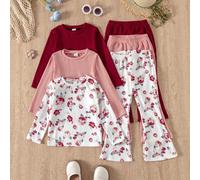 Set da 3 pezzi per ragazze: maglietta a maniche lunghe con collo rotondo, tinta unita e patch a rose viola + pantaloni a zampa, outfit casual 6Y,7Y,4Y,5YPiantePoliestere