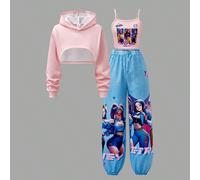 Set da 3 pezzi per ragazze pre-adolescenti con felpa in maglia con stampa di lettere, canotta e pantaloni cargo, personalizzato K-Pop rosa carino con spalline sottili 8Y,9Y,10Y,11Y,12YFumettoTessuto i