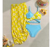 Set da 3 pezzi per ragazze pre-adolescenti, costume da bagno con contrasto di blu e giallo, con incrocio sulla parte anteriore e pantaloncini con stampa a margherite su tutto il capo 8Y,9Y,10Y,11Y,12Y