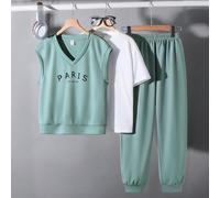 Set da 3 pezzi per ragazzi tra i 10 e i 12 anni, composto da canottiera con stampa lettera scollo a V, maglietta girocollo e pantaloni, casual, sportivo, adatto per viaggi, scuola, tutto il matching,