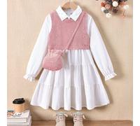 Set da 3 pezzi per ragazzine, composto da una gonna a camicia casual a maniche lunghe bianca, un gilet decorato con perle e 1 borsa a tracolla, set adatto per l'autunno/inverno 8Y,9Y,10Y,11Y,12YA stri