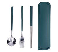 Set da 3 pezzi/set di stoviglie in vernice in acciaio inossidabile, kit con bacchette, cucchiaio e forchetta per e ufficio (Verde Argento)