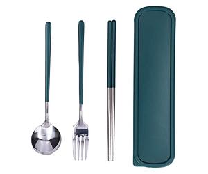 Set da 3 pezzi/set di stoviglie in vernice in acciaio inossidabile, kit con bacchette, cucchiaio e forchetta per e ufficio (Verde Argento)