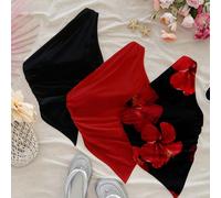 Set da 3 pezzi: stile casual da resort, combinazione sexy di rosso e nero, top a bretelle con orlo asimmetrico a fantasia floreale tropicale a macchie di inchiostro, adatto per l'estate, la spiaggia, 