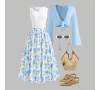 Set da 3 pezzi, stile casual per teenager/giovani ragazze: maglietta maniche lunghe per l'autunno, canotta bianca minimalista, gonna floreale elegante mini, stile campagnolo da vacanza, taglia petite