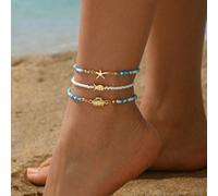 Set da 3 pezzi Stile vacanza al mare Ciondolo cavigliera con creature marine, perle blu, bianche e beige, conchiglie, stelle marine, pesce, in tono oro, gioielli da donna, adatti per uso quotidiano, v