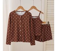 Set da 3 pezzi vintage a pois per ragazze giovani, tessuto elastico liscio, base marrone con pois bianco crema su tutta la superficie, cardigan monopetto a girocollo, canottiera a spalline sottili, pa