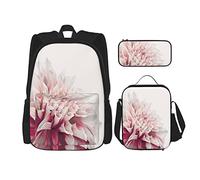 Set da 3 pezzi Zaini Close Up Dalia Blossom con petali rossi e bianchi Una singola grande borsa per libri di fiori Borsa da viaggio per scuola da lavoro Astuccio per il pranzo Combinazione per uomin