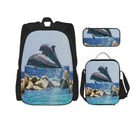 Set da 3 pezzi Zaini Dolphins JumpingOf Water Fish Animal Blue Ocean View Book Bag Viaggio Campeggio Lavoro School Bag Astuccio Pranzo Borsa Combinazione Per Uomini Donne Ragazzi Ragazze Taglia Unic